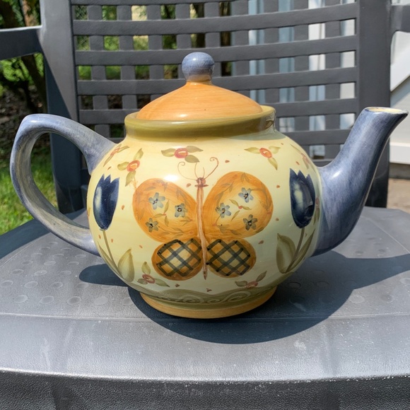 "Lang & Wise Ltd." earthenware teapot w/ saucer, 'Simple Life' - Picture 2 of 8